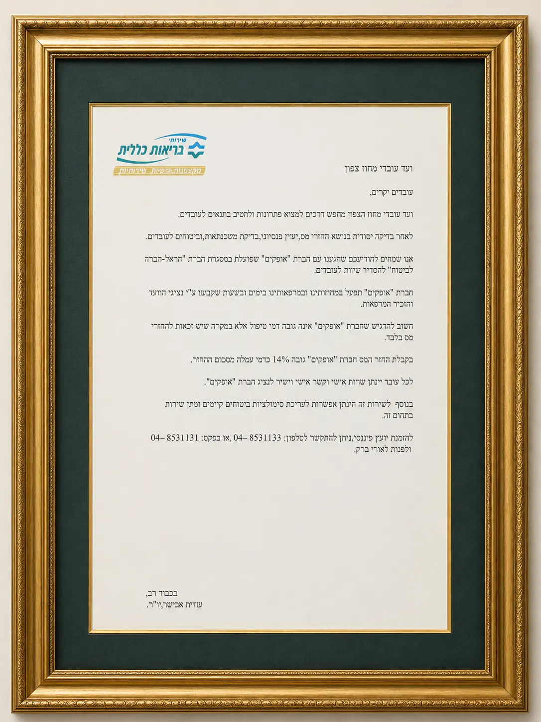 מתן שירות פיננסי לעובדי מחוז צפון — שירותי בריאות כללית, 2016
